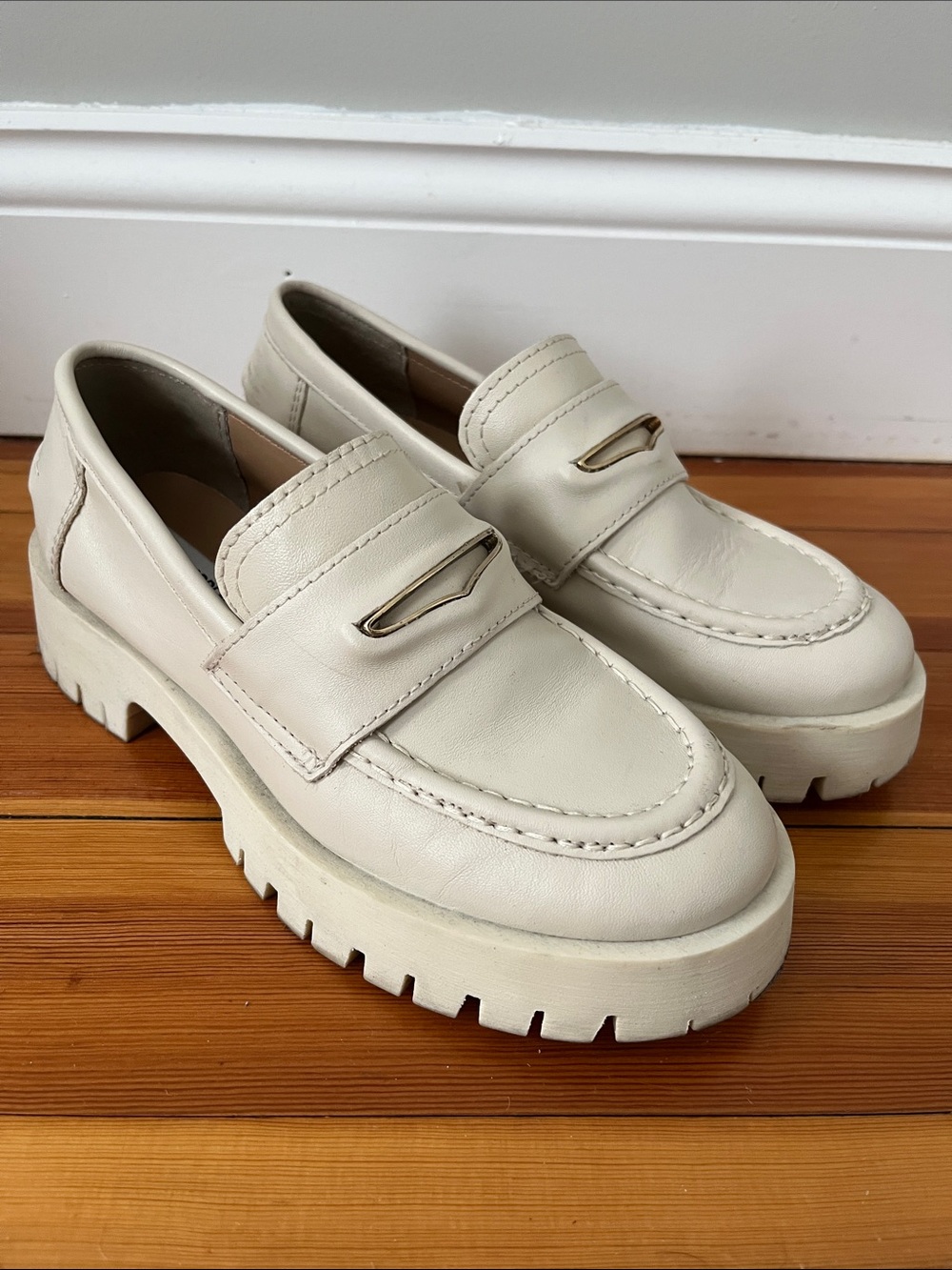 Cream Platform Lug-Soled Penny Loafers